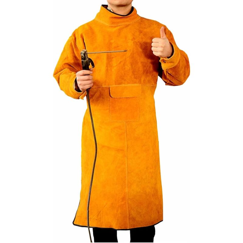 XL-105cm) Tablier de soudeur unisexe en cuir de vache - jaune avec manches et col, tablier de protection pour le travail en atelier, résistant aux