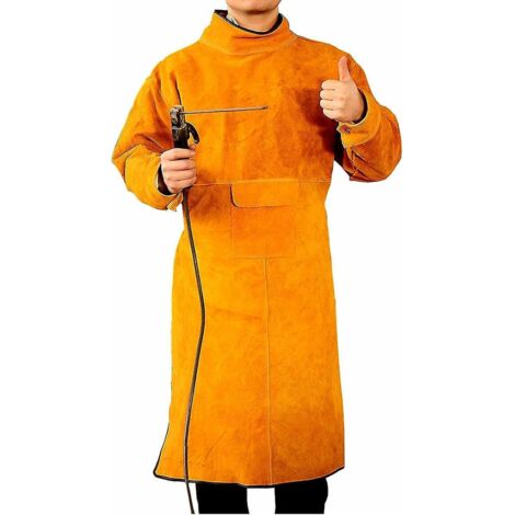 (xl-105cm) Tablier De Soudeur Unisexe En Cuir De Vache - Jaune Avec Manches Et Col, Tablier De Protection Pour Le Travail En Atelier, Rsistant Aux