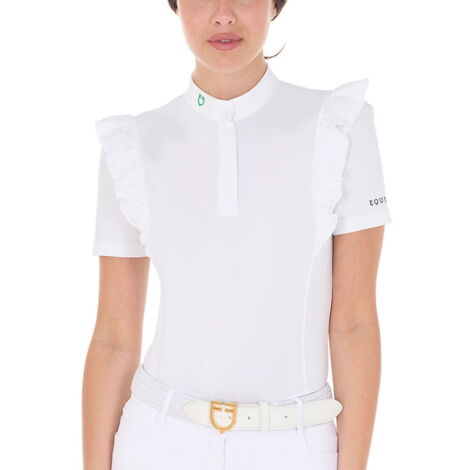 XL, Bianco e Verde: Polo da concorso per donna slim fit in tessuto tecnico con ruches