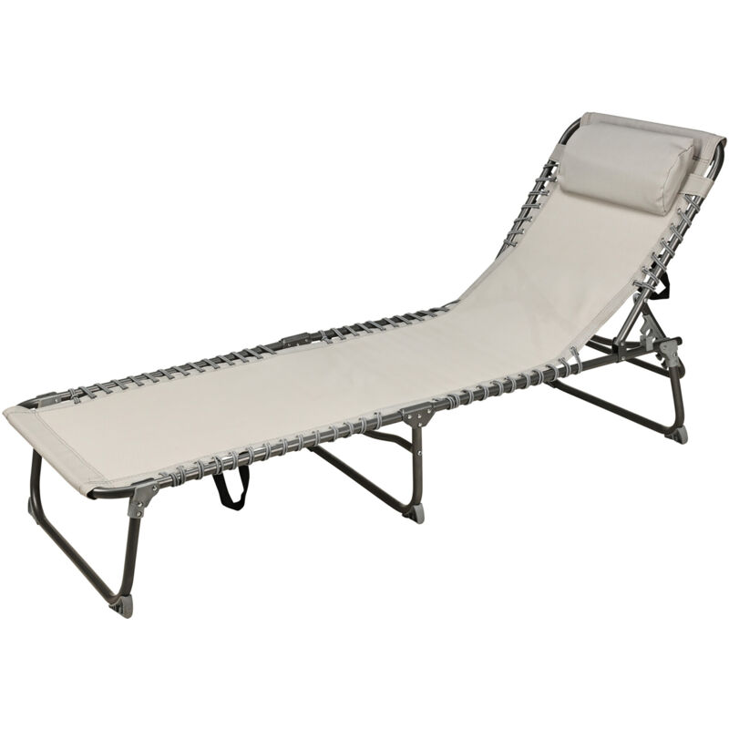 Xl Chaise longue pliante avec coussin gris clair - 190 x 60 cm - Chaise de soleil avec dossier réglable 5 positions