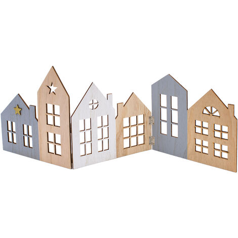 XL Deko Häuserzeile aus Holz natur - 67 x 25 cm - Weihnachts Dorf Silhouette klappbar - Weihnachtsdeko Tischdeko für Weihnachten Weihnachtsstadt Skyline