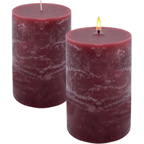 XL Echtwachs Stumpenkerze rustikal 2er Set 15 x 9 cm - bordeaux rot - Advents Kerze groß unparfümiert 95 Stunden Brenndauer