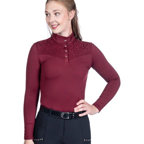 XL, Rose antique 3808: Chemise d'équitation thermique en dentelle avec broderie pour femmes