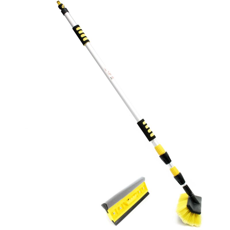 Kit de nettoyage 2 en 1 3D avec Brosse de lavage télescopique – 145-300 cm – avec Raccord de tuyau, Éponge et Raclette – Balai véhicule camion