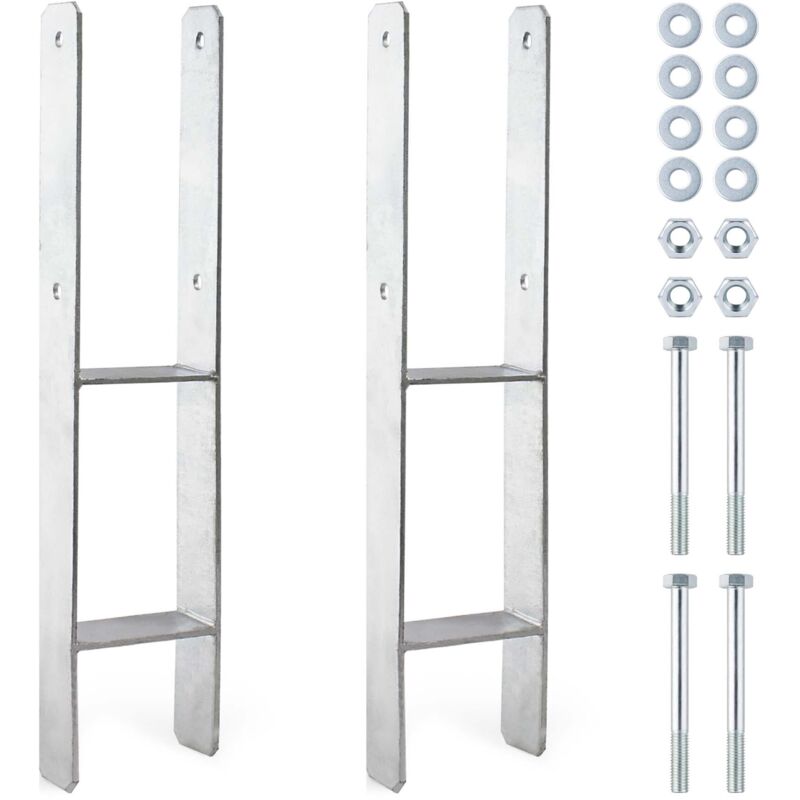 XPOtool Supporto per pali zincato a caldo 121 x 600 mm 2 pezzi, staffa portapalo a H in acciaio al carbonio, fissaggio pali con fori M10 x 140, porta