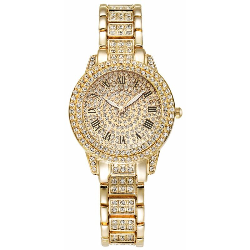 

XR72208 Lujoso Bling Reloj de pulsera para mujer decorado con cristal completo Reloj clasico retro con numeros romanos Pulsera de cuarzo analogico