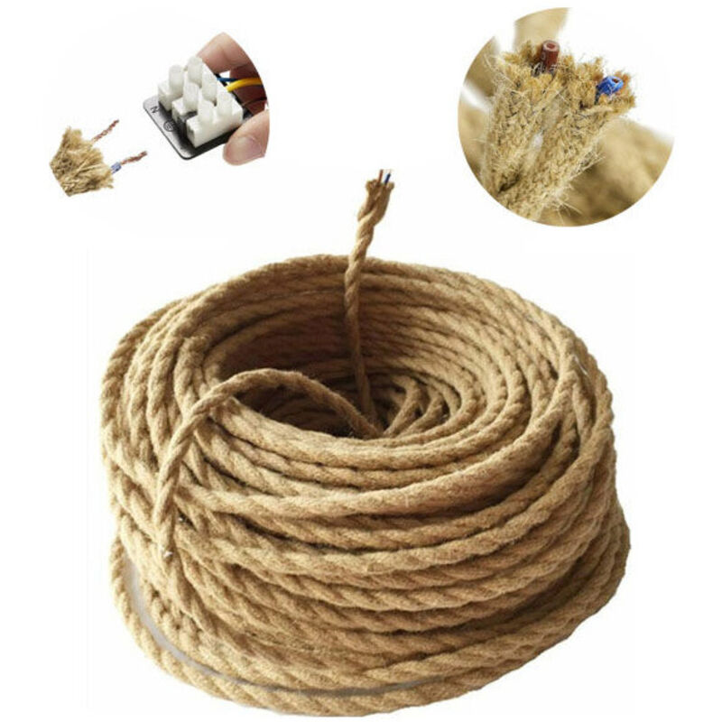 10m Fil électrique Corde, 2 Cœurs Linge de Câble d'éclairage de Corde Vintage Fil de cuivre recouvert Rétro Tressé Industriel Corde pour diy