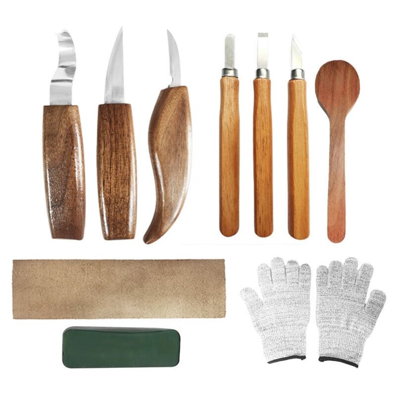 XVX - 10pcs Outils Sculpture sur Bois, Kit Sculpture Bois avec 3 Ciseaux à Bois, 3 Couteau Sculpture Bois,Gants, Professionnels Outillage Bois