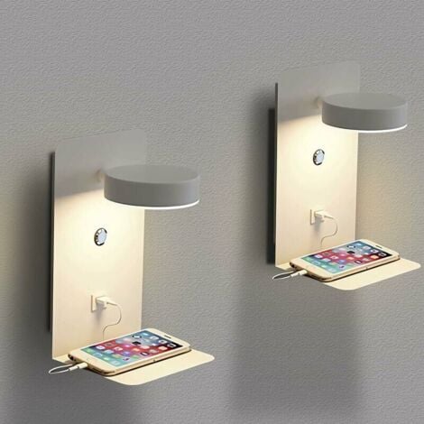 XVX Lot de 2 appliques murales d'intérieur LED avec port USB 12 W Tricolore Dimmable Applique murale moderne avec interrupteur Liseuse murale Lampe de chevet rotative à 330°, Blanc [Classe énergétique