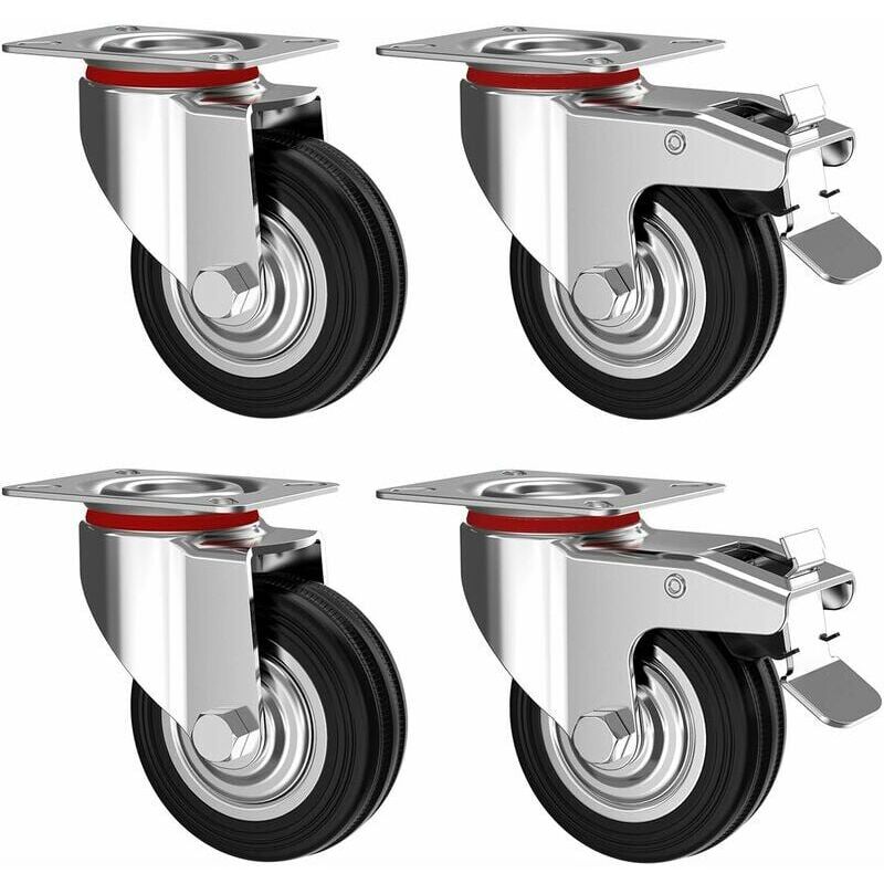 XVX - Set de 4 Roulettes pivotantes 75 mm avec frein - Roulettes pour meubles jusqu'à 50 kg par roue - Charge lourde - Caoutchouc pour intérieur et
