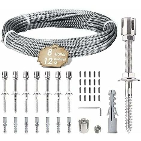 XVX Support pour plantes grimpantes, kit de suspension de corde en acier inoxydable de 12 m avec câble en acier inoxydable de 3 mm et 8 tendeurs pour jardin/mur en béton/câble de clôture/bois massif