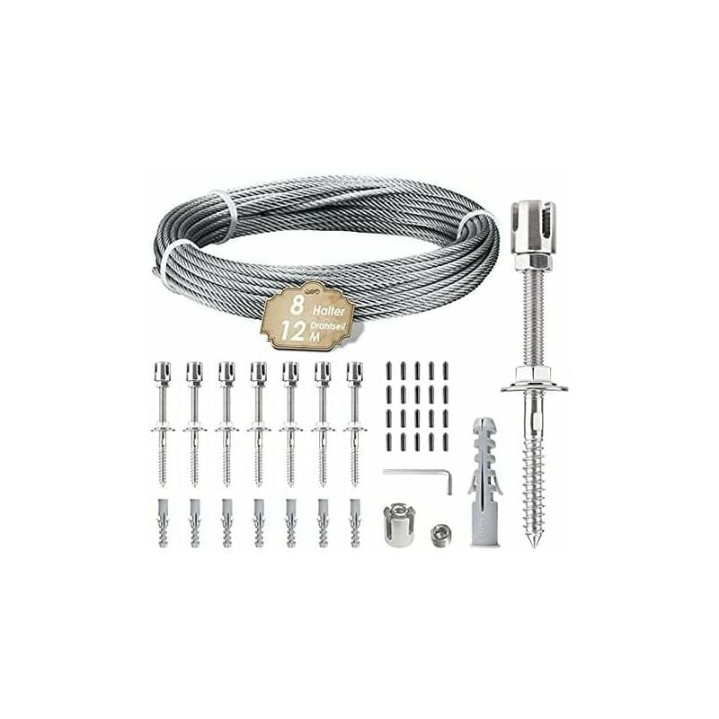 XVX - Support pour plantes grimpantes, kit de suspension de corde en acier inoxydable de 12 m avec câble en acier inoxydable de 3 mm et 8 tendeurs