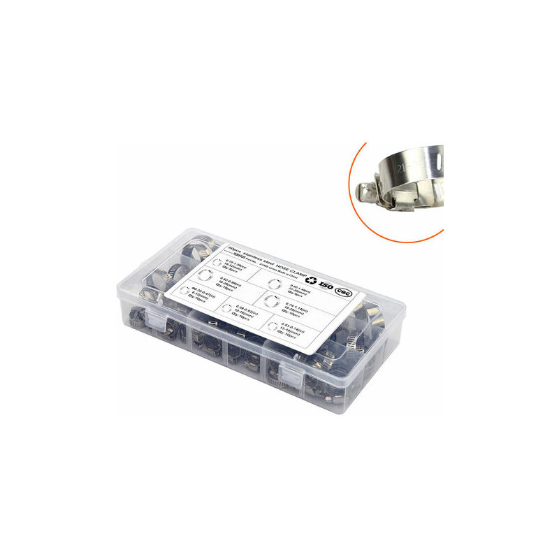 Tuyau Clips, 60 pièces réglable Gamme en acier inoxydable Colliers de serrage Assortiment de pour famille Tuyau d'eau, réservoir de gaz, tube