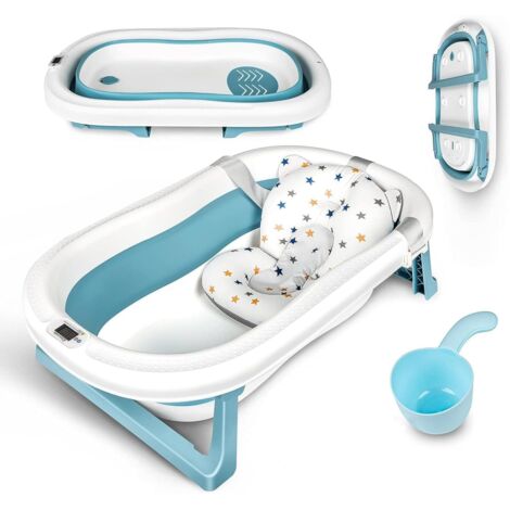XXL Baignoire Pliable Bébé avec Thermomètre à eau, Coussin, Rince Tete Bebe, Baignoire Bebe, baignoire bebe pliable pour les bébés de 0 à 6 ans, 83 X 50 X 21 cm (Bleu)