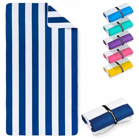 XXL Beach Towel - Large Lightweight, Quick-Drying Microfiber Beach Towel - 100% Recycled Microfiber Towel - Navy Blue-White Striped - 200cm x 90cm