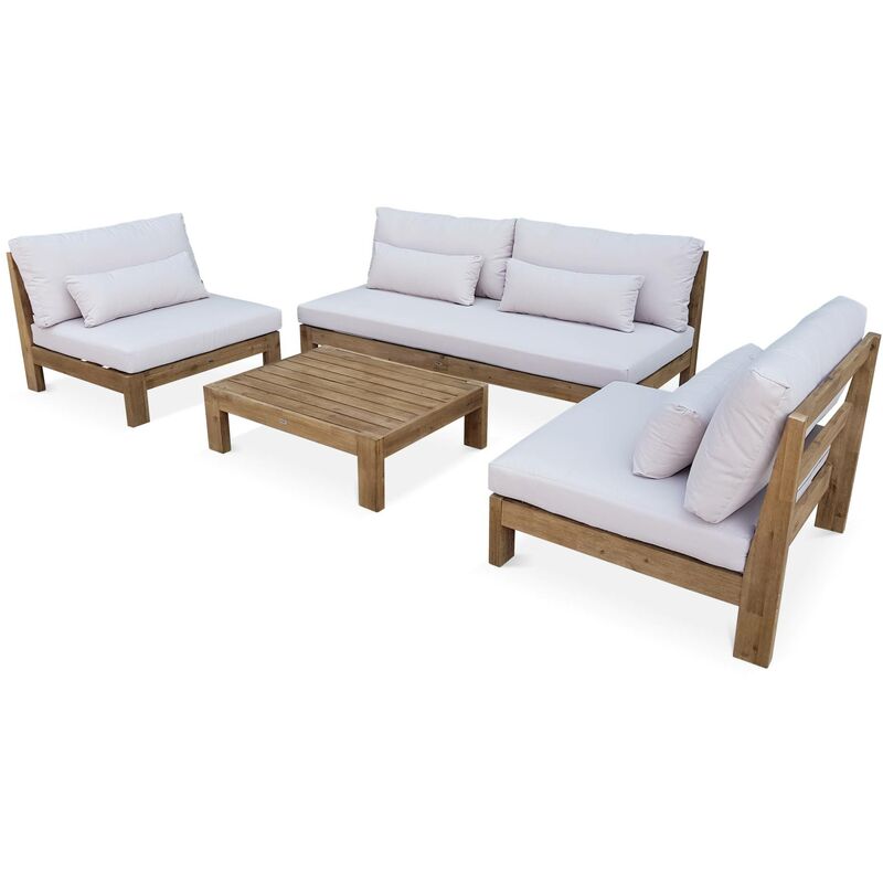 XXL Gartenmöbel aus gebürstetem Holz, gebleichter Effekt - BAHIA - beige Kissen, extrem bequem, 5 bis 7 Plätze
