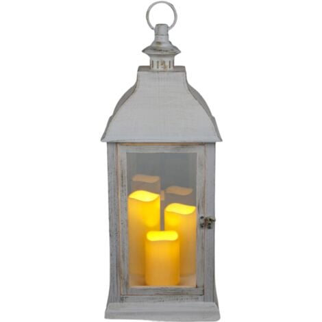 BURI XXL Laterne Vintage Windlicht Weiß mit 3 LED-Kerzen Flackereffekt Laterne Kerzenhalter 60cm große Dekolaterne mit Timer für den Innenbereich