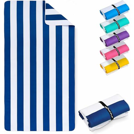 XXL-Strandtuch – großes, leichtes, schnell trocknendes Mikrofaser-Strandtuch – 100 % recyceltes Mikrofaser-Handtuch – Marineblau-weiß gestreift – 200 cm x 90 cm