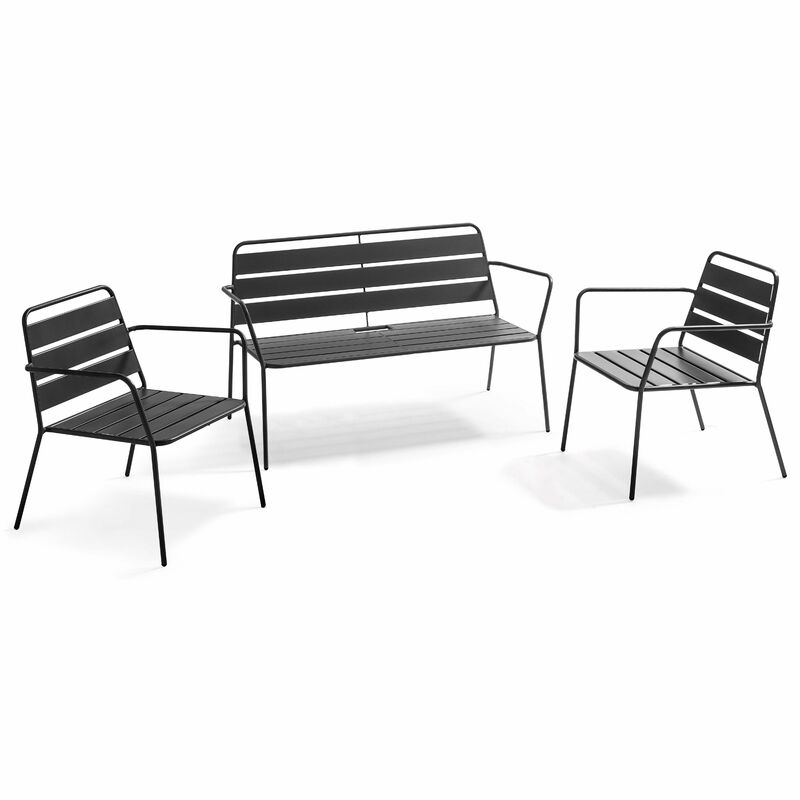 Salon de jardin 4 places en métal, 2 fauteuils, 1 banc Palavas - Gris - Gris