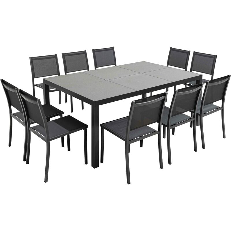 Table et 10 chaises de jardin aluminium céramique gris - Tivoli