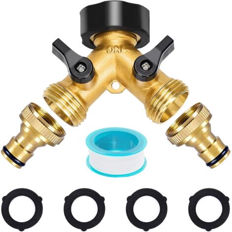 Y-connector for garden hose, 2-way 3/4" tap adapter for garden use, with individual on/off valves, for home, garden and outdoor use