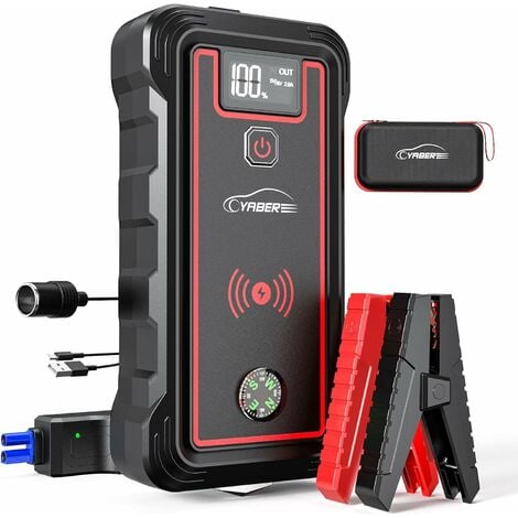 YABER Arrancador de Coches, 23800mAh 2500A Arrancador de Baterias de Coche (para Todo vehículo de Gasolina o 8.0L de Diesel), con Cargador Inalámbrico y Linterna LED, Brújula，Martillo de Seguridad