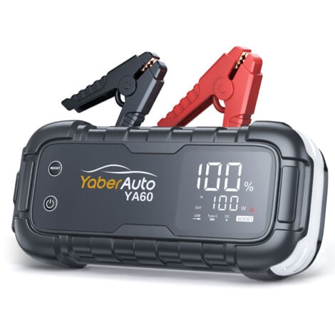 YaberAuto Booster Batterie Voiture 6000A 26800mAh Booster Batterie Moto/Auto (Jusqu’à Tout Gaz ou 12,0 L Diesel) 12V Demarreur Batterie Voiture avec 45W ChargeRapide,Grand Écran LED,Lamp LED