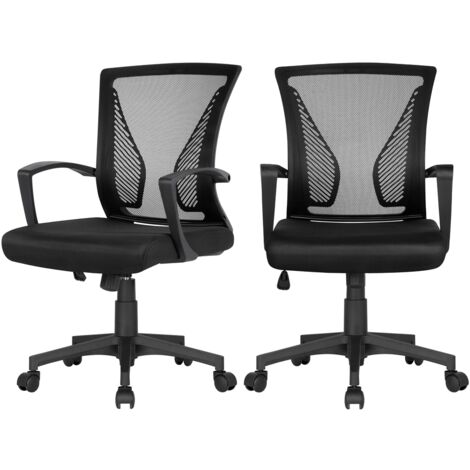 Yaheetech 2 Sedie da Scrivania Ufficio Studio in Rete Ergonomica a Rotelle Girevole Inclinabile Altezza Regolabile con Braccioli Nere