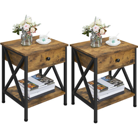 Yaheetech 2 Stück Nachttisch Sofatisch X-förmige Couchtisch Beistelltisch mit Schublade und Ablage für Schlafzimmer/Wohnzimmer