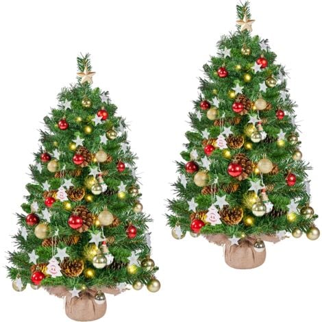 Yaheetech 2er-Set 92 cm Mini Künstlicher Weihnachtsbaum mit 50 Warmweiß LED Beleuchtung & 20 Tannenzapfen Kleiner Christbaum Tisch Tannenbaum für Weihnachtsdeko, Grün