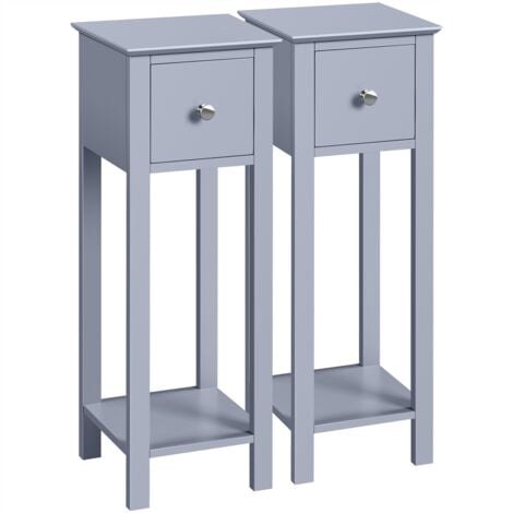 Yaheetech 2pcs Mesitas de Noche con Cajón y Estante 25x25x70cm Gris Mesilla de Noche Alta de Madera Lacada Mesita Auxiliar Estrecha para Dormitorio Gris