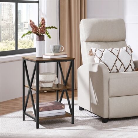Yaheetech 3-Tiers Industrial Side Table Bedside Table X-Frame End Table Nightstand Storage with Shelf for Living room, Bedroom, Rustic Brown