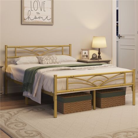 Yaheetech 4ft6 Double Metal Bed Frame with Cloud-inspired Design Headboard and Metal Bed Slats, Antique Gold