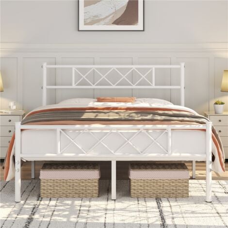 Yaheetech 4ft6 Double Metal Bed Frame with Cross-design Headboard & Footboard, White