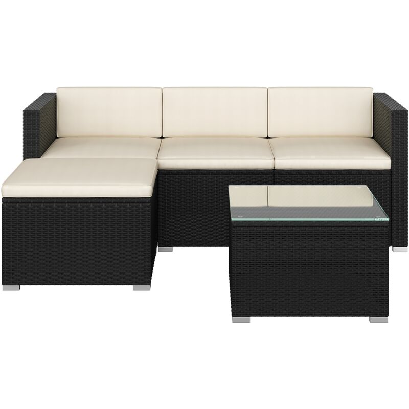 5 Pièces Salon de Jardin Exterieur en Polyrotin, 4 Personnes Ensemble Mobilier avec 3 Canapés Modulables, 1 Table Basse en Verre Trempé et 1 Ottomane