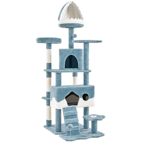 Yaheetech Albero Tiragraffi per Gatti 184 cm Stile Oceano con Posatoio Condominio Palla Naturale Gioco Blu Bianco