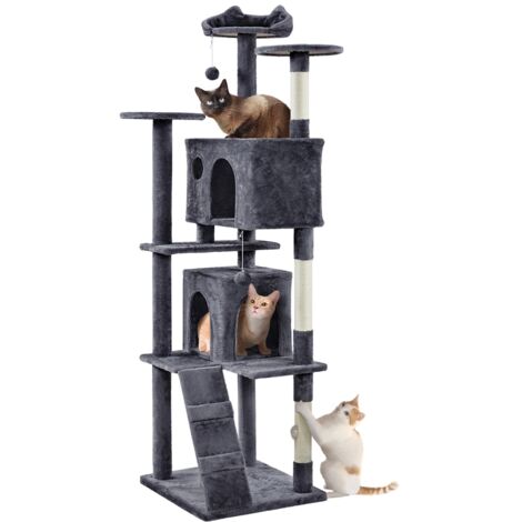 Yaheetech Albero Tiragraffi per Gatti 202,5 cm con 3 Pali Graffiatoi 3 Posatoi 2 Grotta 2 Pompon in Peluche a Più Livelli Giocattolo Gioco Grigio Scuro