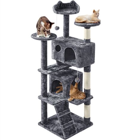 Yaheetech Albero Tiragraffi per Gatti in Sisal e Truciolato 49 cm × 49 cm × 158 cm Torre con Posatoio Condominio Gioco Scuro Grigio