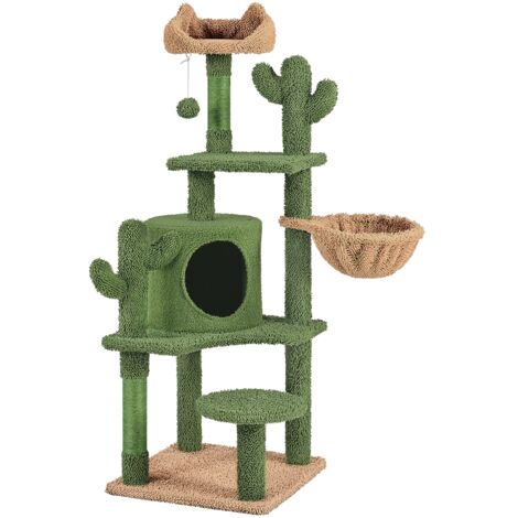 Yaheetech Albero Tiragraffi per Gatti Torre a Forma di Cactus in Peluche e Sisal con Cucce e Pallina 48,5 cm × 48,5 cm × 135 cm Verde e Marrone