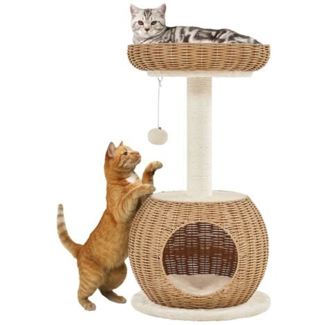 Yaheetech Árbol para Gatos de 2 Niveles Ratán Tejido a Mano con Cueva Cama Superior Postes Rascadores de Sisal 40x40x75cm Cojines Lavables y Bola de Juguete Beige Visita la tienda de Yaheetech