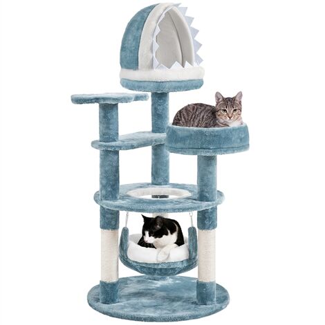 Yaheetech – Arbre à chat 115 cm avec niche requin et plateforme poisson – Panneaux E1 – Sisal pour griffades – Pour 1-2 chats bleu/blanc