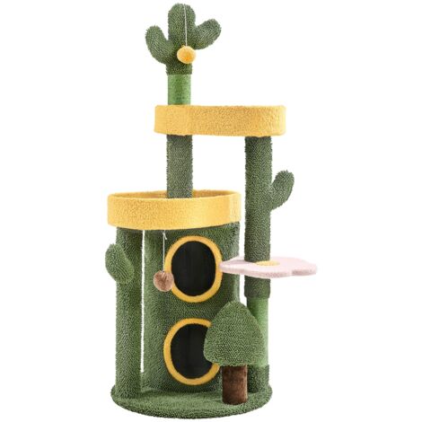 Yaheetech – Arbre à chat 123 cm avec cachette cylindrique et 3 perchoirs – Griffoirs en sisal – Couleurs vert et jaune – Pour 2-3 chats de petite taille