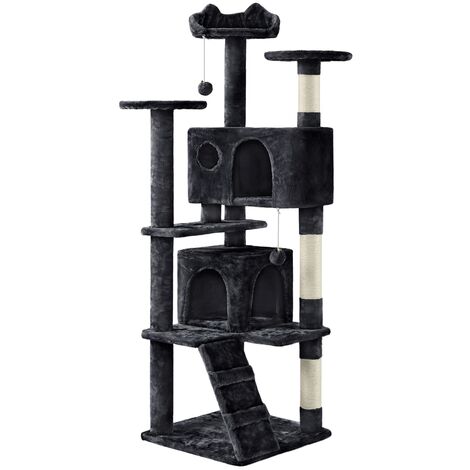 Yaheetech – Arbre à chat 158 cm avec 2 niches et 3 plateformes – 3 poteaux à griffer sisal – Pour 3-4 chats – Cachettes douillettes noires