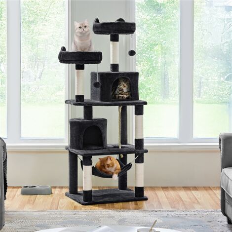 Yaheetech – Arbre à chat 158 cm – Multi-niveaux avec 2 niches, hamac et poteaux en sisal – Pour 2-3 chats de taille moyenne – Noir