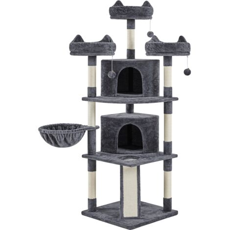 Yaheetech – Arbre à chat 174 cm avec 3 plateformes et 2 grottes – Panneau de particules et peluche – Pour plusieurs chats – Gris foncé