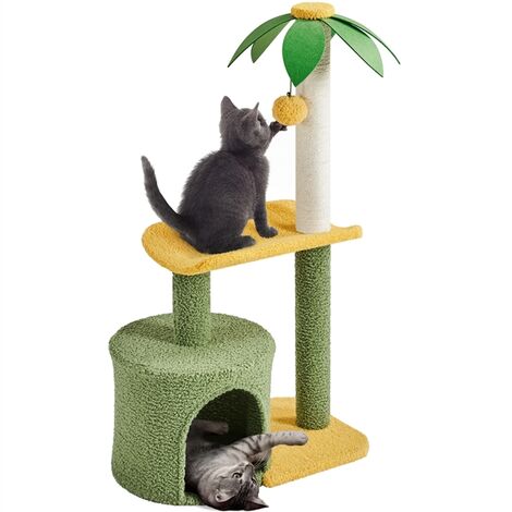 Yaheetech – Arbre à chat 94 cm avec griffoir en sisal naturel – Cachette ronde et plateforme incurvée – Couleur vert/jaune – Kit anti-bascule inclus