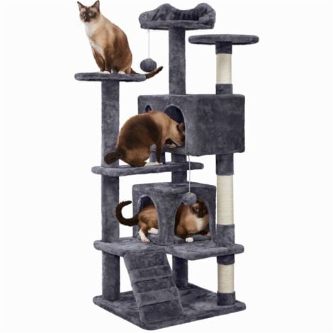 Yaheetech Arbre à Chat avec 2 Niches 3 Plateformes 2 Boules en Sisal Arbre à Grimper Multi-Niveaux Hauteur 137cm Idéal pour 3-4 Chats Gris Foncé