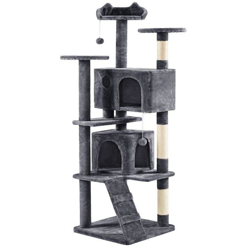 Arbre à Chat avec 2 Niches 3 Plateformes 2 Boules Sisal Arbre à Grimper Multi-Niveaux Hauteur 178cm Idéal pour 3-4 Chats Gris Foncé - Yaheetech