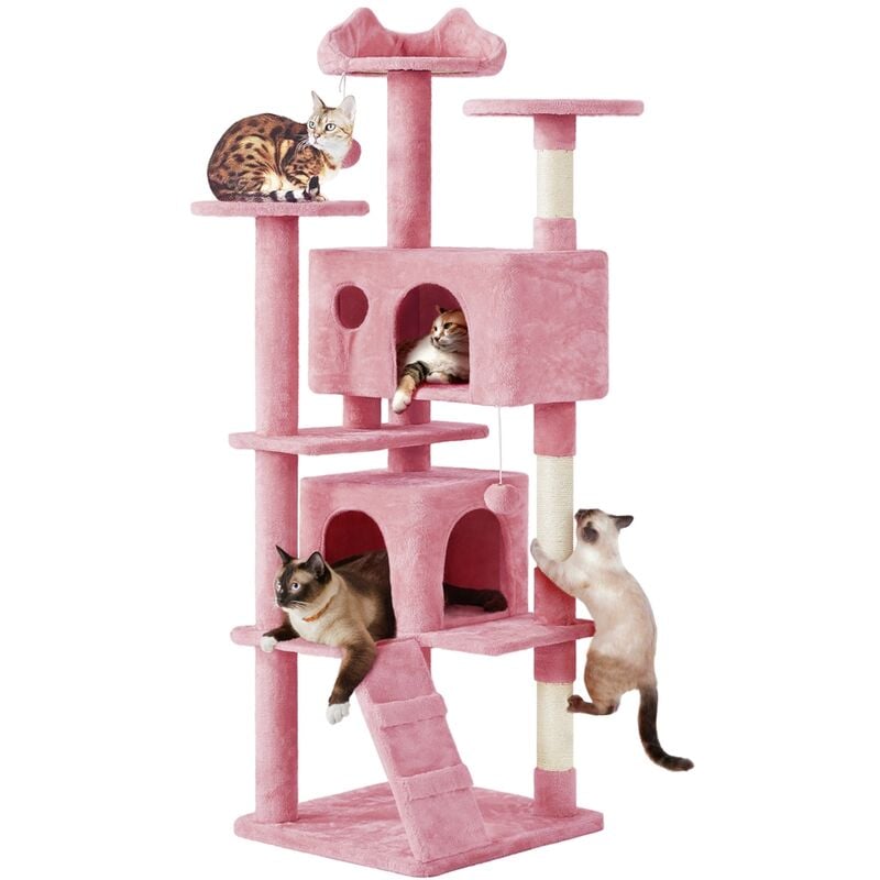 Arbre à Chat avec 2 Niches 3 Plateformes 2 Boules Sisal Arbre à Grimper Multi-Niveaux Hauteur 178cm Idéal pour 3-4 Chats Rose - Yaheetech