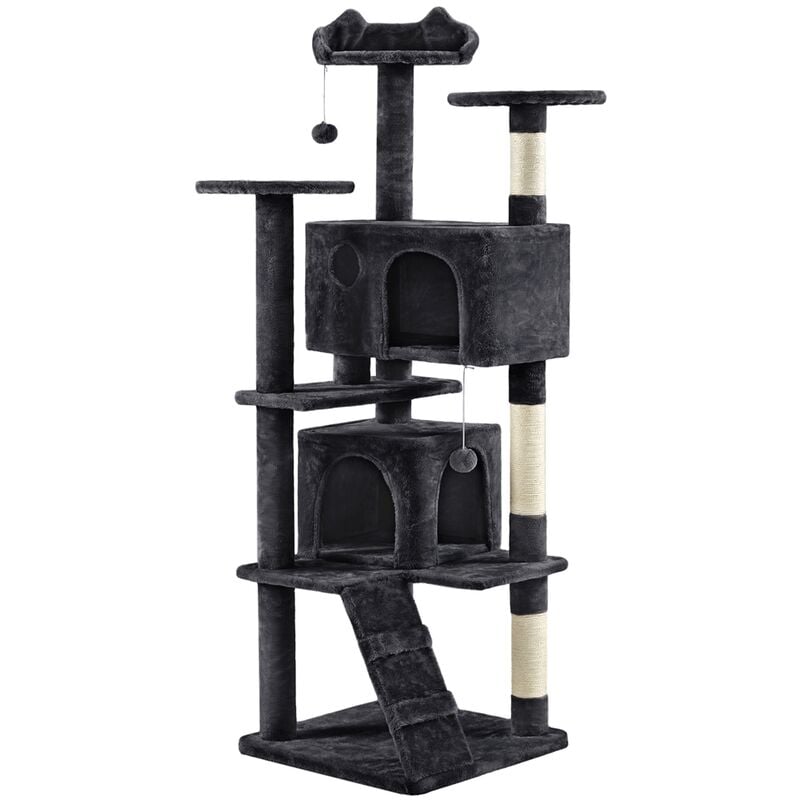 Arbre à Chat avec 2 Niches 3 Plateformes 2 Boules Sisal Arbre à Grimper Multi-Niveaux Hauteur 178cm Idéal pour 3-4 Chats Noir - Yaheetech